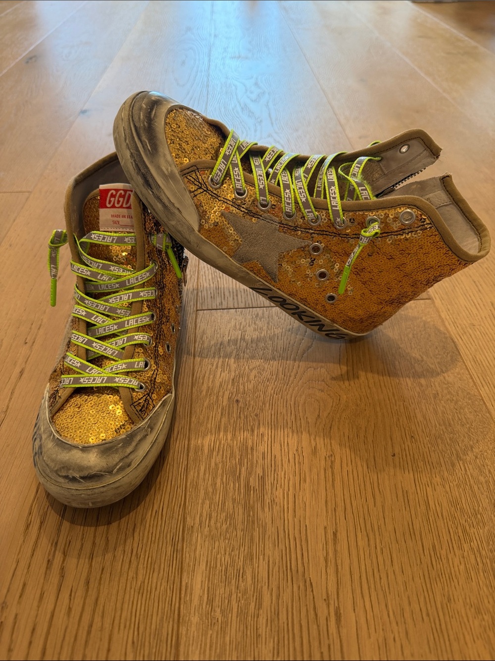 Golden Goose Gold Sequin FRANCY High-Top Sneakers with Neon Laces. Size 37